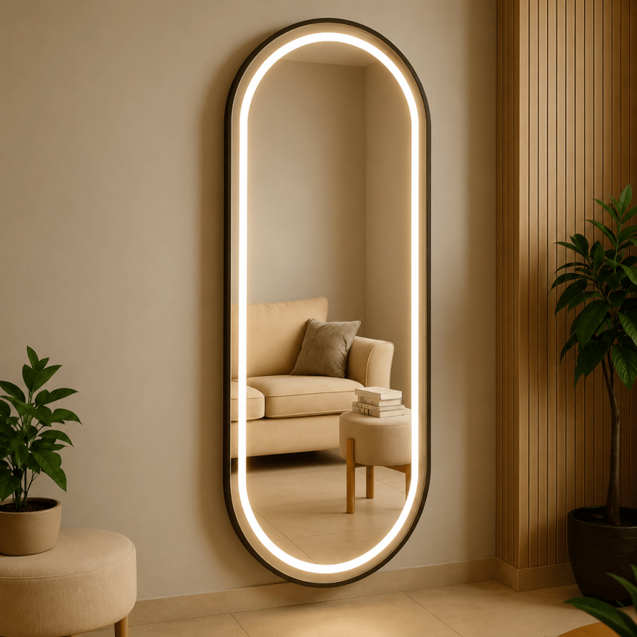 مرآة LED بيضاوية فاخرة – تصميم عصري بإضاءة محيطية F19