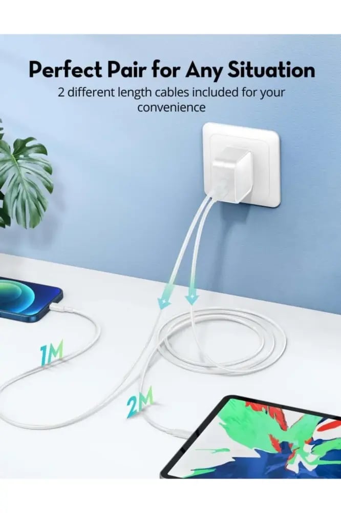 مجموعة كابلات RP-CB1041 USB-C إلى USB-C بطول 1 متر + 2 متر باللون الأبيض