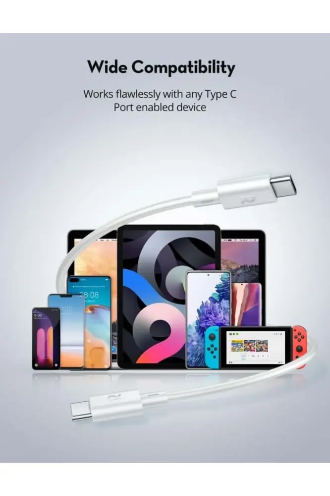 مجموعة كابلات RP-CB1041 USB-C إلى USB-C بطول 1 متر + 2 متر باللون الأبيض