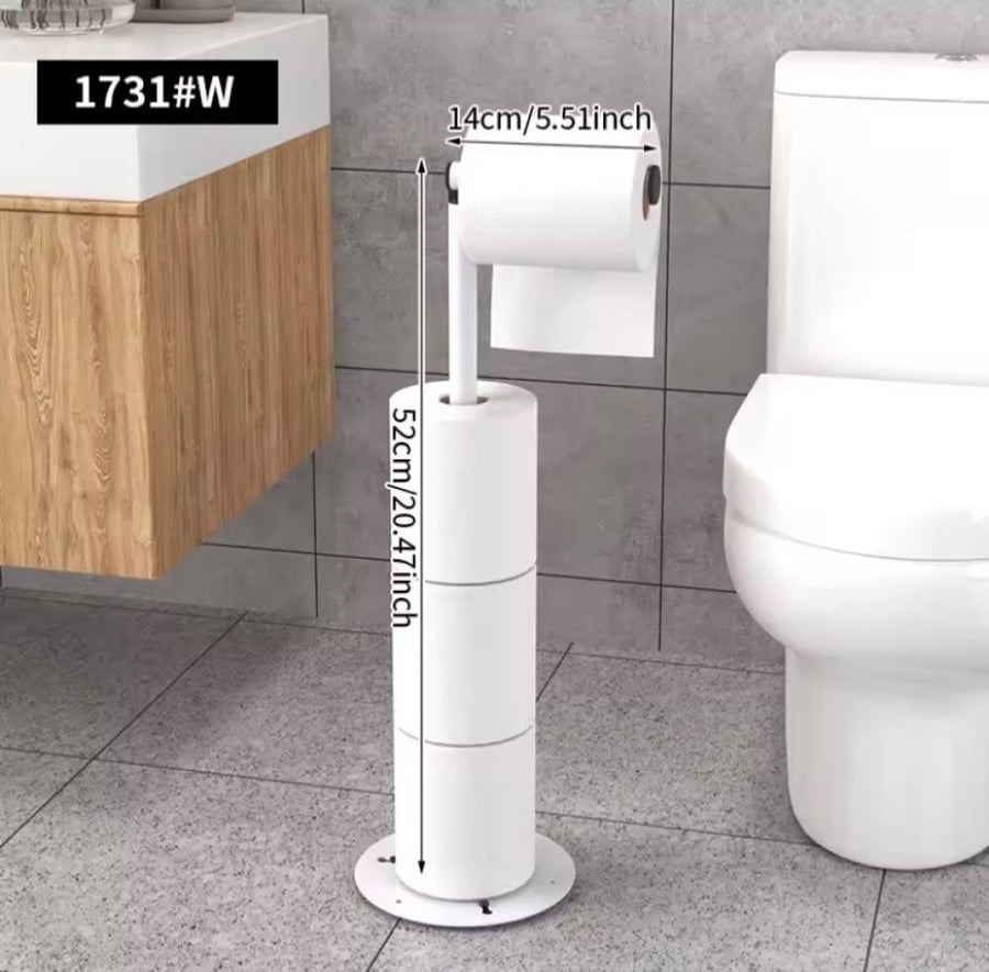 حامل مناديل حمام أرضي مع مساحة لتخزين اللفات الإضافية، بتصميم عملي يسهّل الاستخدام والتنظيم.