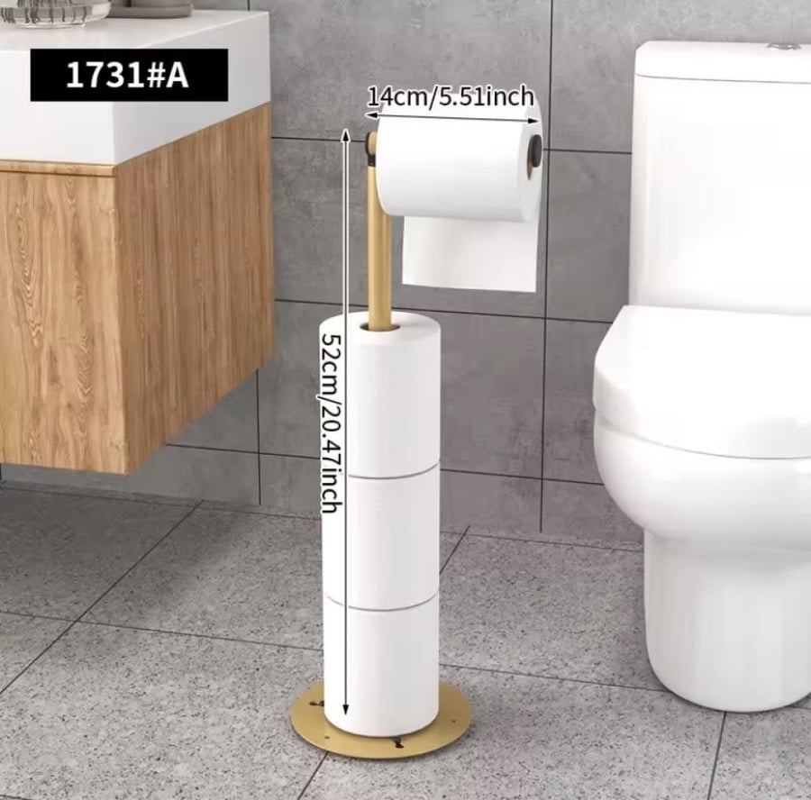 حامل مناديل حمام أرضي مع مساحة لتخزين اللفات الإضافية، بتصميم عملي يسهّل الاستخدام والتنظيم.