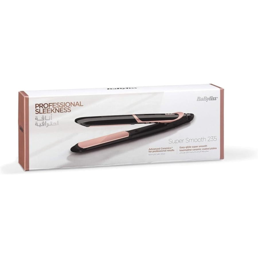 بيبي ليس Super Smooth 235 مكواة فرد الشعر، ألواح مطلية بتقنية السيراميك والتورمالين، 6 درجات حرارة رقمية (140-235 درجة مئوية) - أسود - ST391SDE