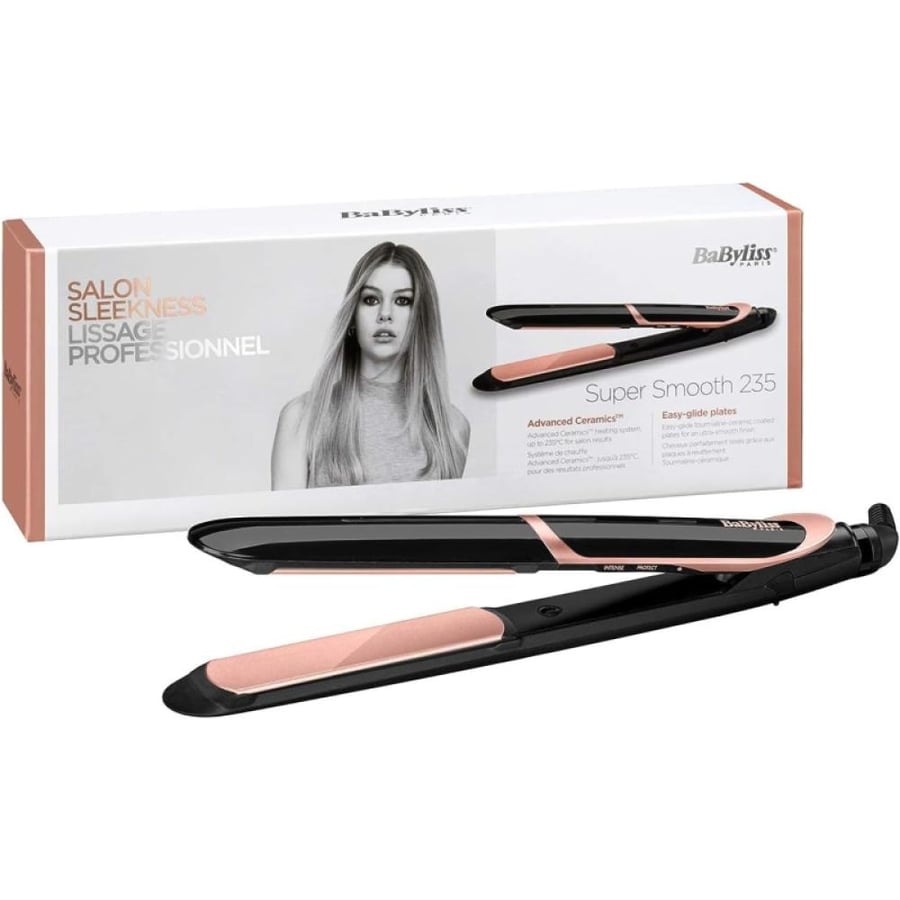 بيبي ليس Super Smooth 235 مكواة فرد الشعر، ألواح مطلية بتقنية السيراميك والتورمالين، 6 درجات حرارة رقمية (140-235 درجة مئوية) - أسود - ST391SDE