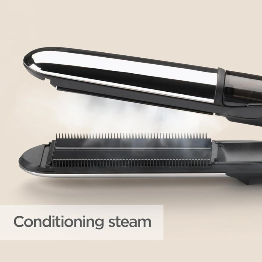 بيبي ليس Steam Shine Styler مكواة فرد الشعر، ألواح سيراميكية ماسية عريضة (39 مم)، درجة حرارة من 150 إلى 230 درجة مئوية - أسود - ST496SDE
