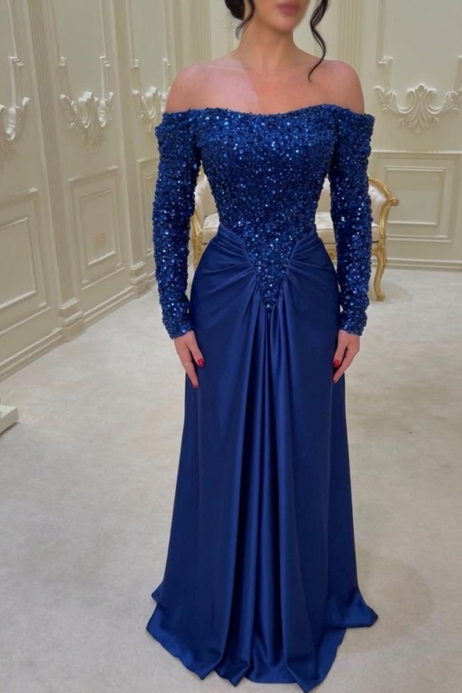 Evening dress navy blue with luxurious sequins and a royal style