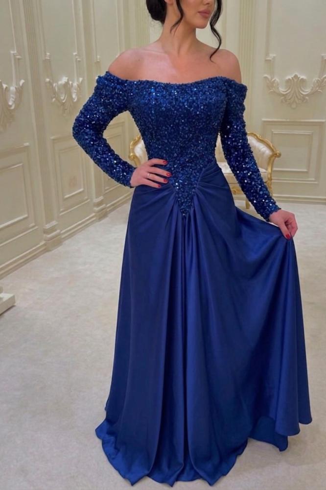 Evening dress navy blue with luxurious sequins and a royal style