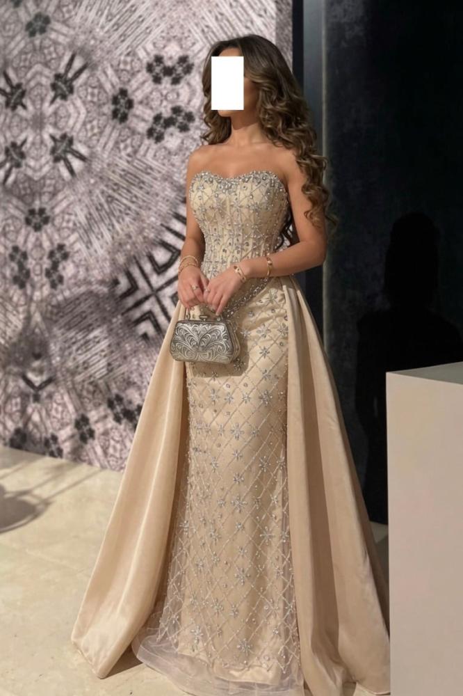فستان سهرة شامبين ملكي بكاب جانبي