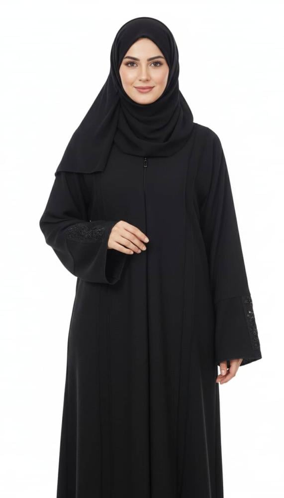عباية نسائية سوداء بسحاب أمامي وتطريز ناعم على الأكمام