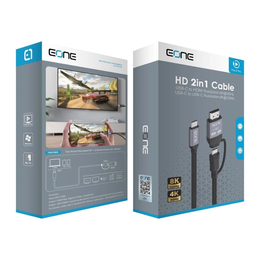 كابل EONE HD 2 في 1 بمنفذي USB-C وHDMI