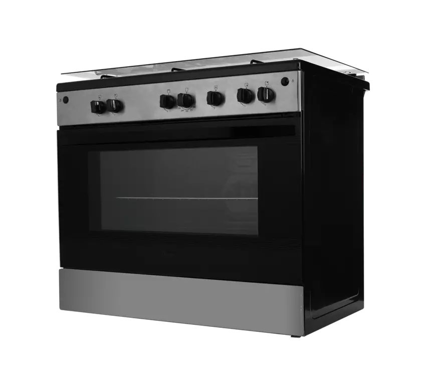 فرن غاز جيبسون 60×90 سم 5 عيون سطح اسود وجه استيل جوانب اسود امان كامل