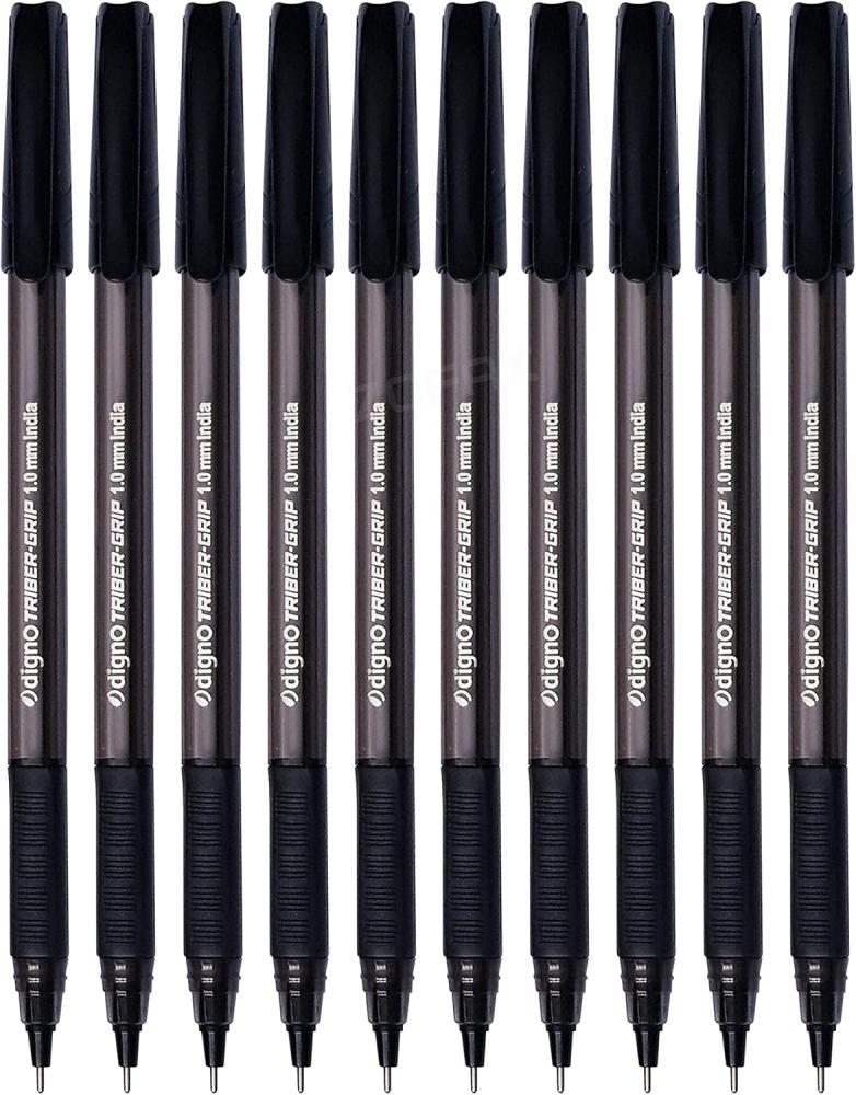 DIGNO TB-ST Ballpoint Pens, BLACK, Medium Point (1.0mm), Pack of 10, Triangular Grip, Everyday Smooth Biro Pens, School Office Home Business Pack