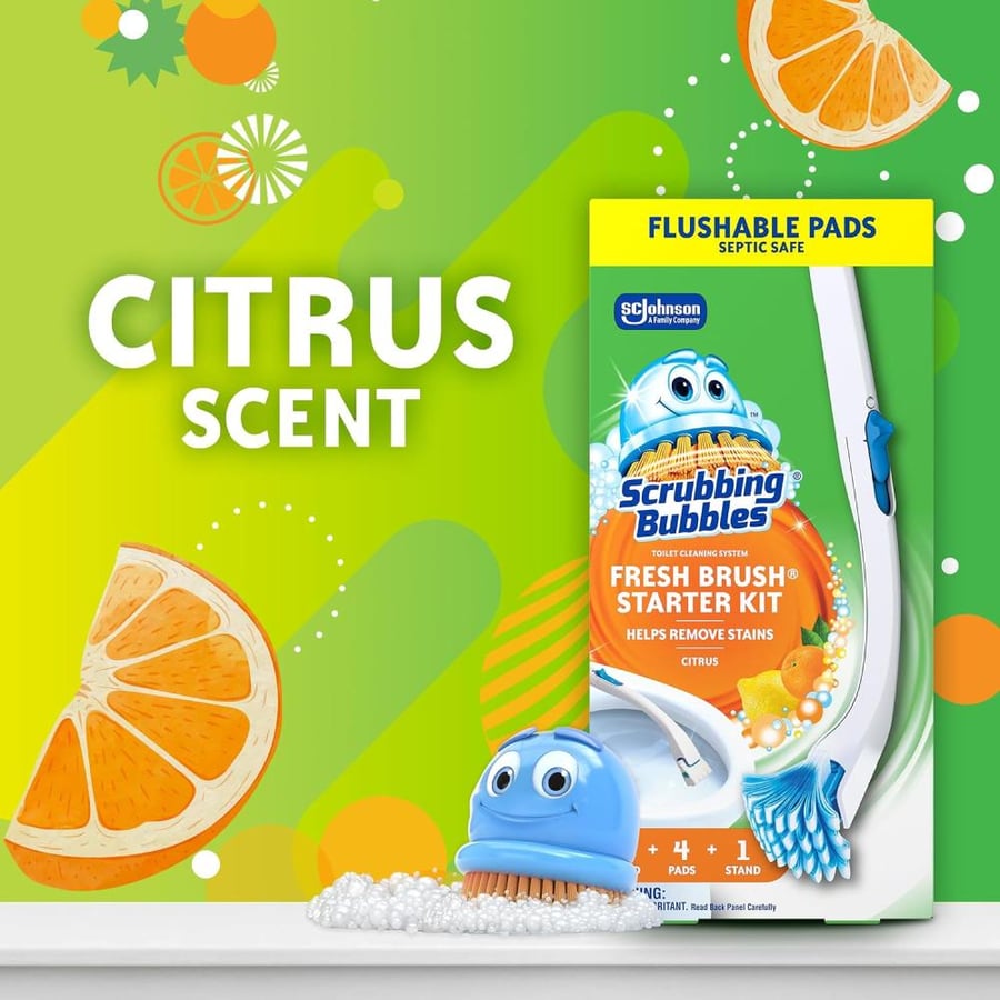 Scrubbing Bubbles Fresh Brush Starter Toilet Cleaning Kit, Toilet Cleaning System Including- 1 Toilet Bowl Brush + 1 Toilet Brush Stand + 4 Toilet Cleaner Refill Pads