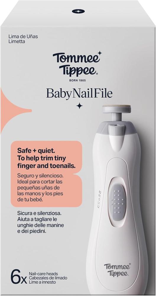 Tommee Tippee Electric Baby Nail File Trimmer, Battery-Powered Infant Nail Clipper with LED Light and Six Filing Heads for Baby and Adult Use