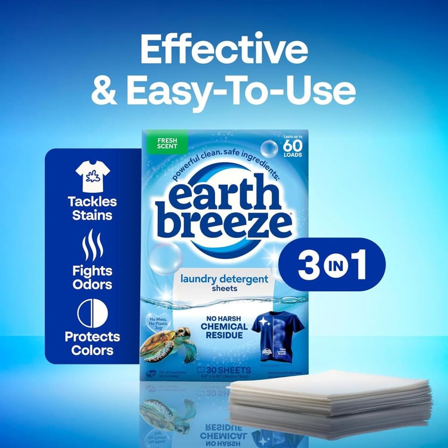 Earth Breeze Laundry Detergent Sheets - 30 Detergent Sheets - 60 Loads - Concentrated Liquidless Laundry Soap - No Plastic Jug - Fresh Scent