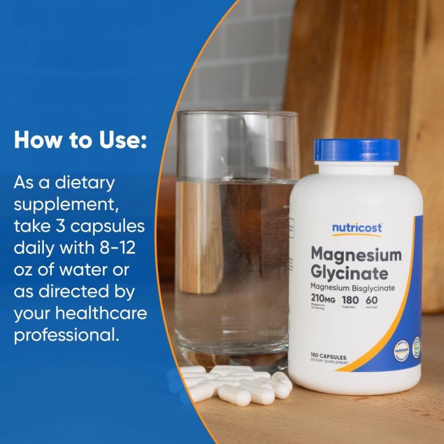 Nutricost Magnesium Glycinate Capsules (180 Capsules, 210 mg Magnesium Glycinate Per Serving) - Magnesium Glycinate Supplement for Gentle Absorption