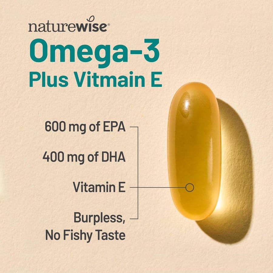 NatureWise Extra-Strength Omega 3 Fish Oil Supplement - 1000mg per Serving - 600 EPA & 400 DHA and Vitamin E - Support for Heart & Brain Health - Lemon Flavor, Non-GMO - 180 Softgels[3-Month Supply]