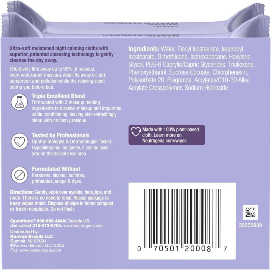 Neutrogena Makeup Remover Night Calming Cleansing Towelettes, Disposable Nighttime Face Wipes to Remove Dirt, Oil & Makeup, 25 ct, Twin Pack