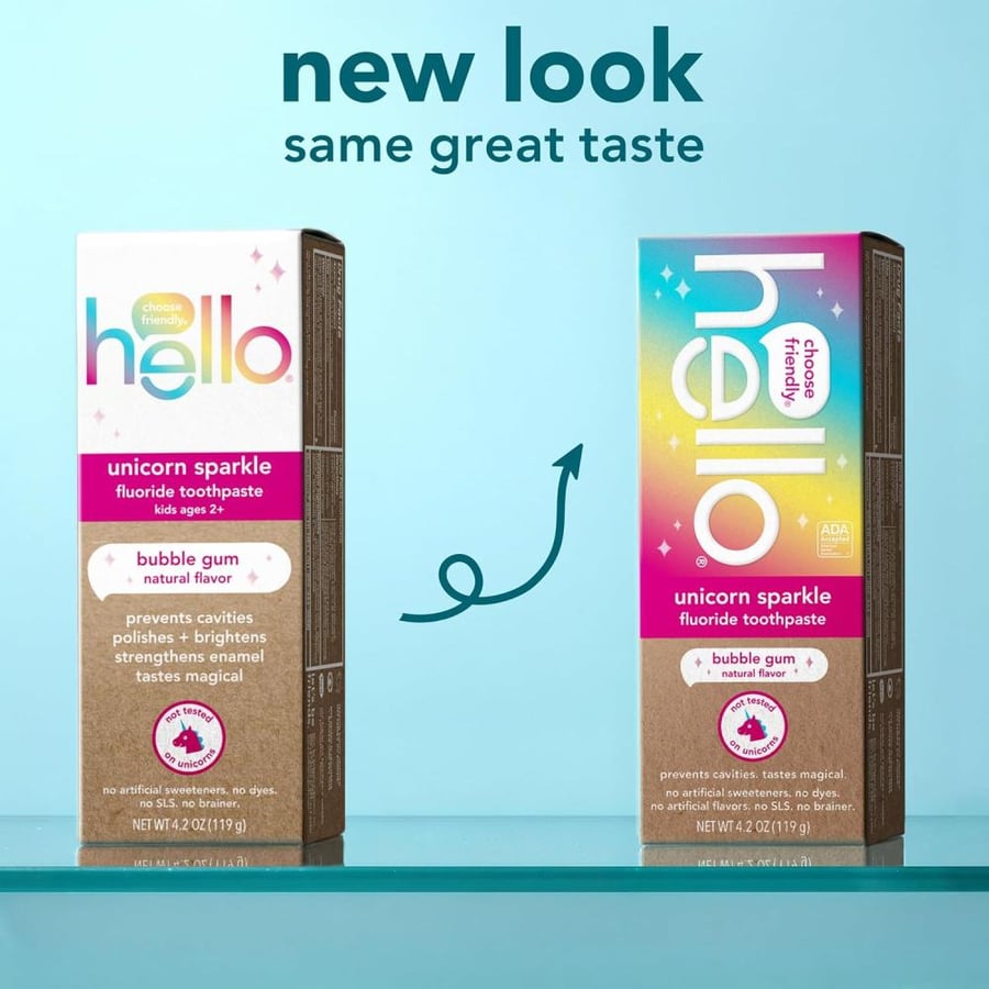 hello Unicorn Sparkle Kids Fluoride Toothpaste, Natural Bubble Gum Flavor, ADA Approved, Ages 2+, No Artificial Sweeteners, No SLS, Gluten Free, Vegan, Pack of 3, 4.2 oz Tubes