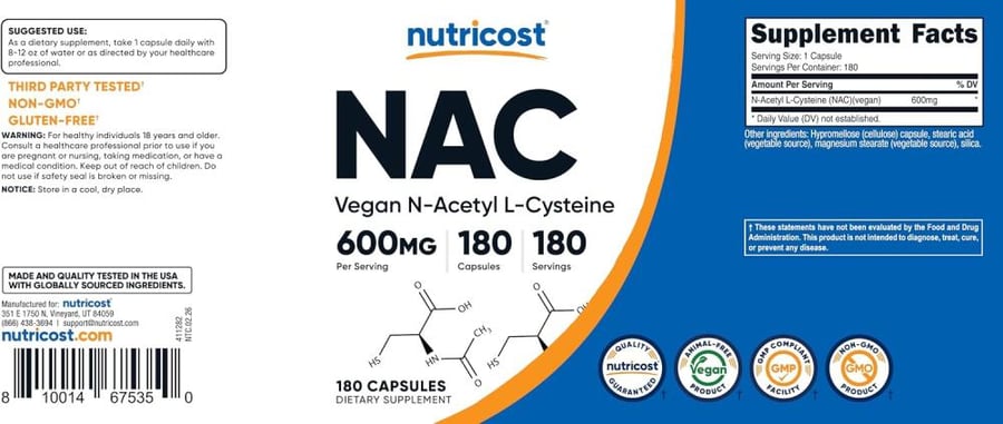 Nutricost N-Acetyl L-Cysteine (NAC) 600mg, 180 Capsules - Non-GMO, Gluten Free