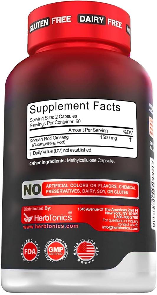 High Strength Korean Red Panax Ginseng Capsules 1500 mg Supplement -120 Vegan Pills High Ginsenosides Powder Extract to Boost Energy, Endurance, Mood, Performance