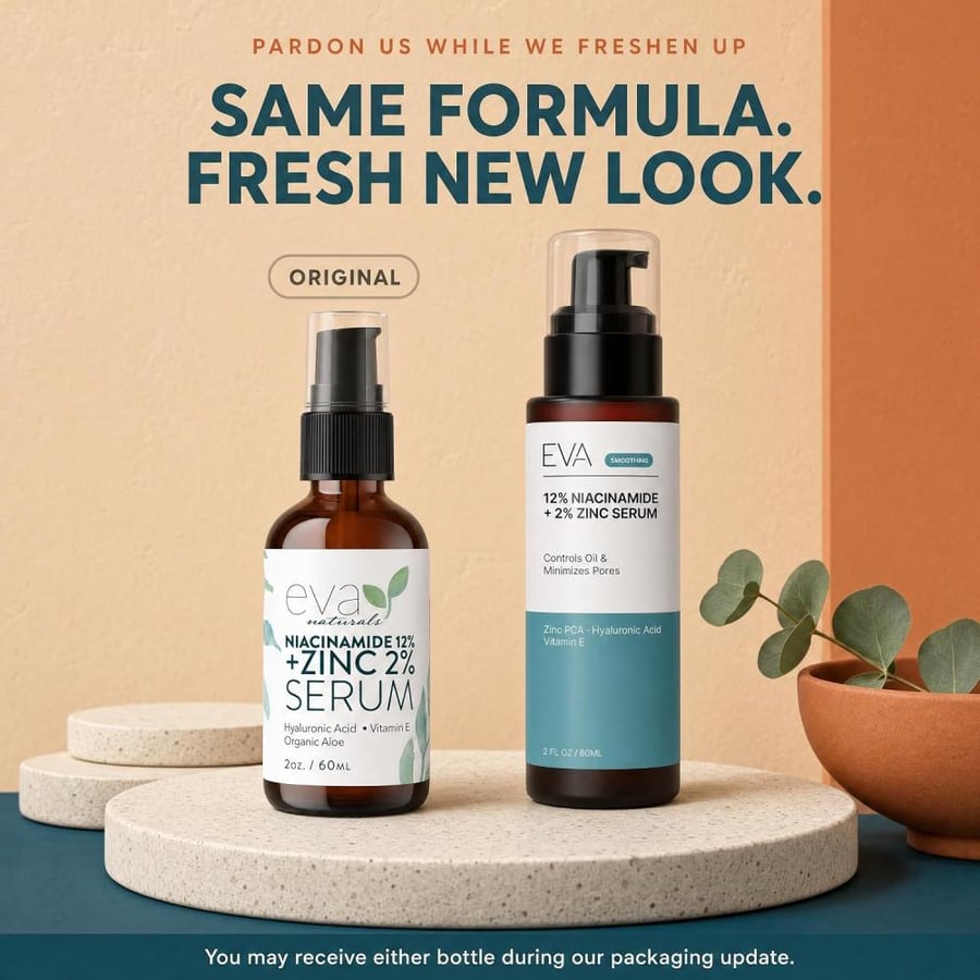Eva Naturals 12% Niacinamide Serum for Face + Zinc (2 oz) Vitamin B3, 2% Zinc and Hyaluronic Acid Serum Known to Even Skin Tone, Shrink Pores, Pump Fine Lines, Reduce Oil, and Hydrate by