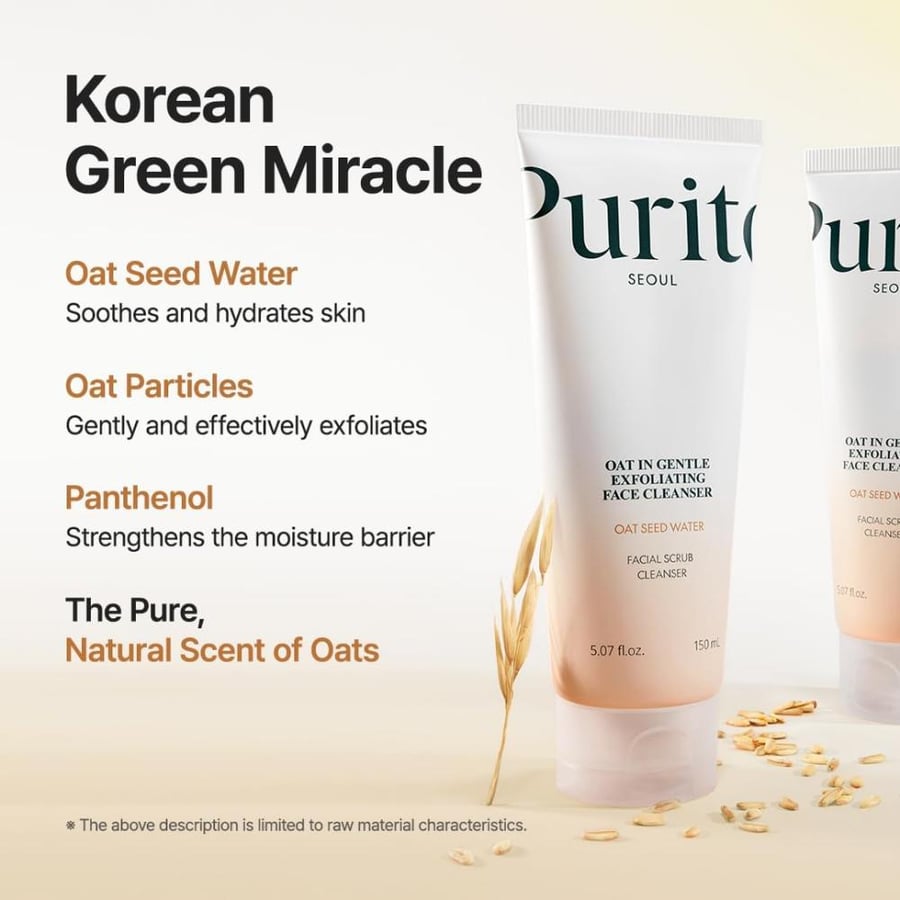 PURITO Korean Oat Exfoliating Facial Polish Gentle & Effective Daily Scrub Hydrating Face Cleanser Oat Seed Water Vegan Skincare Mild Non-comedogenic Soothing Solution All Skin Types 150 ml