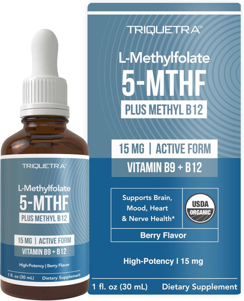 Organic Methyl Folate 15mg | Plus Methyl B12 Cofactor – Cherry Flavor, Professional Strength, Liquid Sublingual, Active 5-MTHF Form - Supports Mood, Homocysteine Methylation, Cognition (60 Servings)