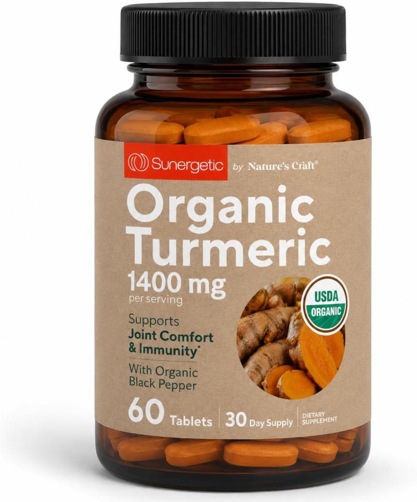 Sunergetic USDA Certified Organic Turmeric Supplement – Includes Organic Turmeric & Organic Black Pepper – 1,400mg of Turmeric per Serving - 60 Count (Pack of 1)
