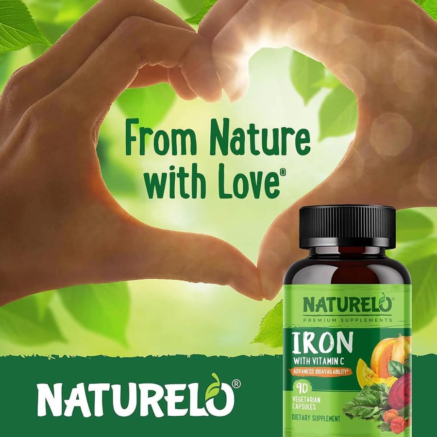 NATURELO Vegan Iron Supplement with Whole Food Vitamin C - Best Natural Iron Pills for Women & Men w/Iron Deficiency Including Pregnancy, Anemia and Vegan Diets - 90 Mini Capsules
