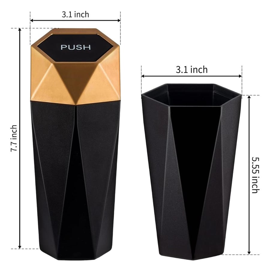 JUSTTOP Car Trash Can with Lid, Mini Diamond Design Portable Trash Can, Plastic Material and Multipurpose Organizers for Car,Home,Office(Gold)
