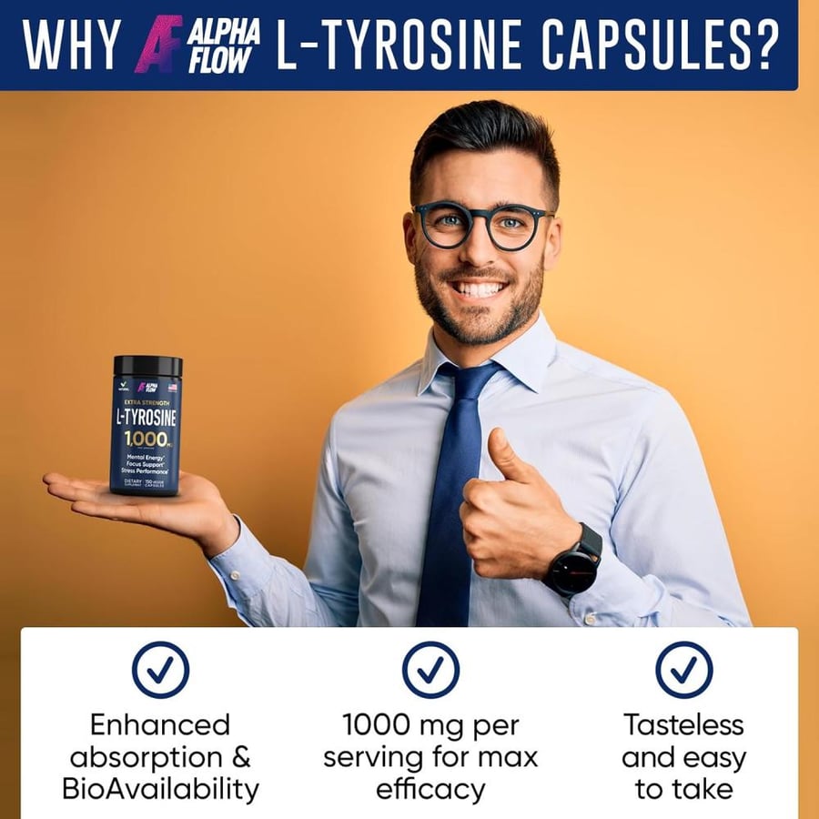 L Tyrosine 1000MG Capsules - All-Natural L- Tyrosine Supplement for Focus & Energy Boost - Non-GMO & Gluten-Free - Vegan L Tryosine 180 Caps - L-tyrosine 500mg x 2 per Serving