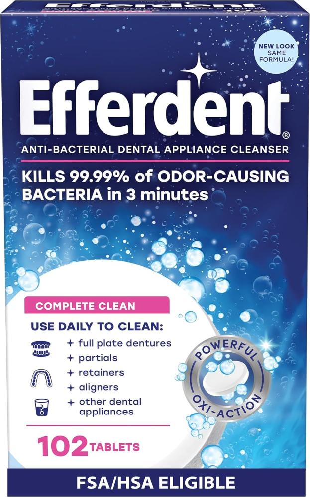 Efferdent Retainer Cleaning Tablets, Denture Cleanser Tablets for Dental Appliances, Complete Clean, 102 Tablets