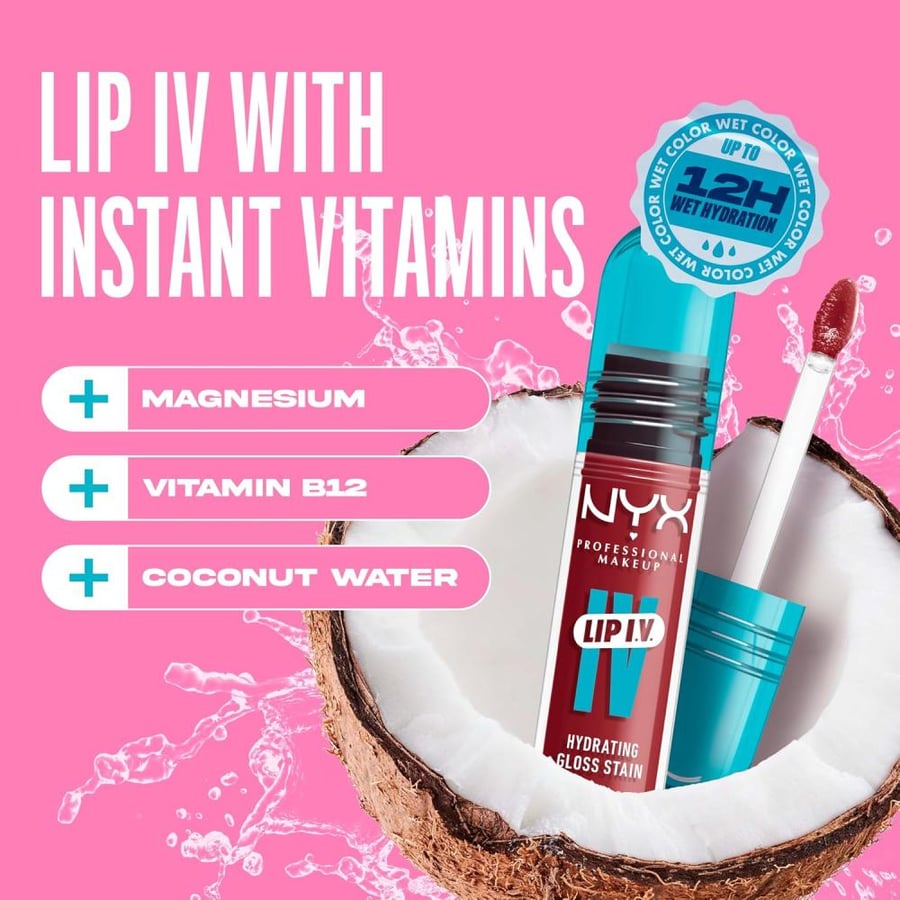 NYX Professional Makeup Lip IV Hydrating Gloss Stain, Up to 12HR Hydration, High Pigment, Wet Shine Finish, Bubblegum Burst