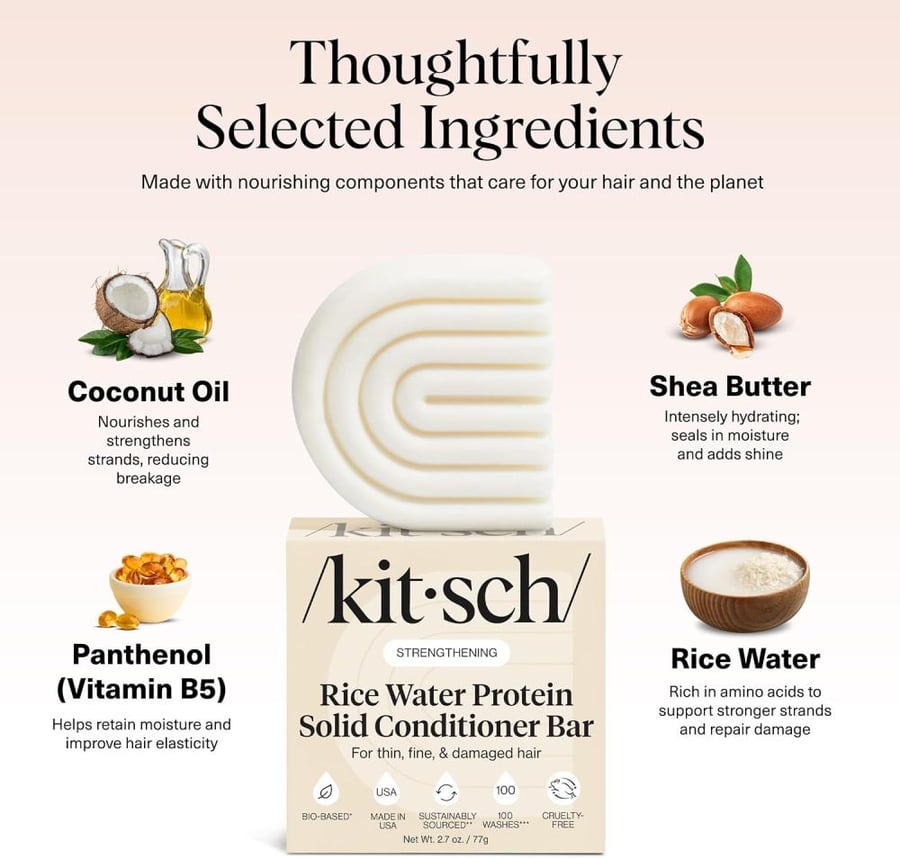 Kitsch Rice Water Hair Conditioner Bar for All Hair Types, Organic, Natural Strengthening, Cleansing and Moisturizing Solid Conditioner Bar Made in US, Eco-Friendly, Paraben Free, Sulfate Free, 2.7 oz