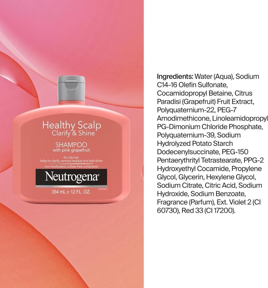 Neutrogena Exfoliating Healthy Scalp Clarify & Shine Shampoo for Oily Hair and Scalp, Anti-Residue Shampoo with Pink Grapefruit, pH-Balanced, Paraben & Phthalate-Free, Color-Safe, 12oz