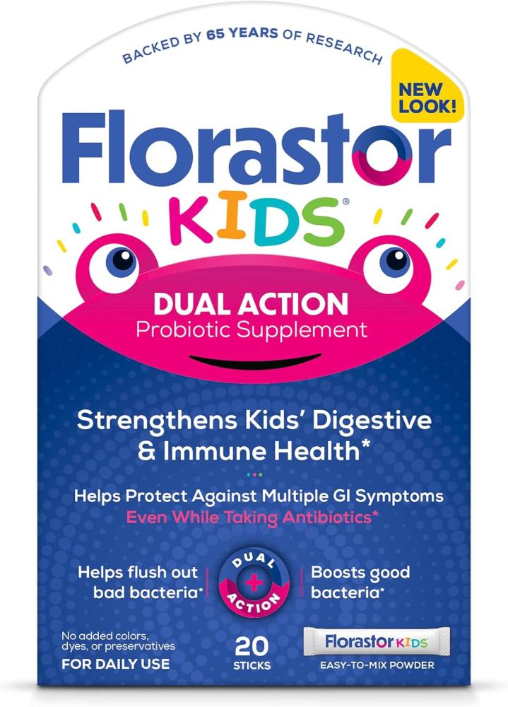 Florastor Kids Dual Action Probiotic Powder, 20 Easy-to-Mix Powder Sticks