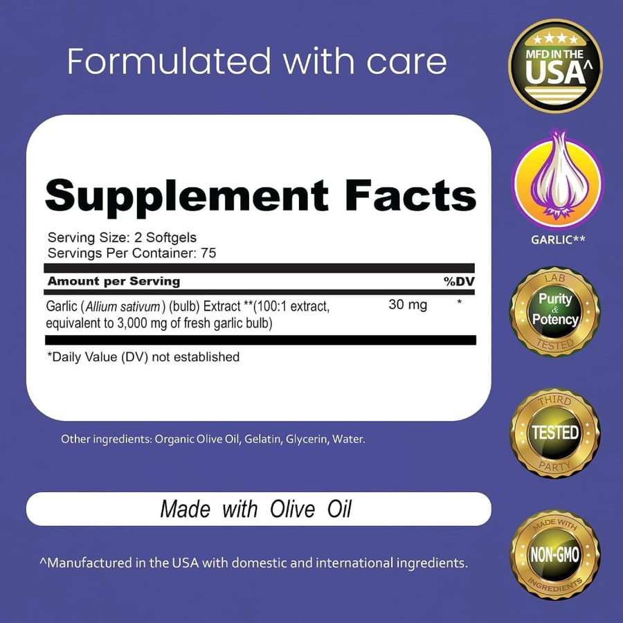 Pure Garlic Odorless, 1500mg per Maximum Strength Soft Gel, 150 Soft Gels Promotes Healthy Cholesterol Levels Immune System Support