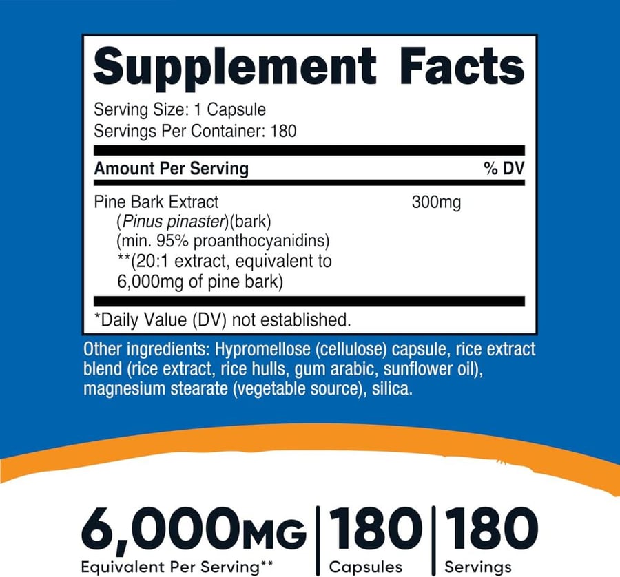 Nutricost Pine Bark Extract 6000mg Equivalent, 180 Capsules, 300mg Standardized to Contain 95% Proanthocyanidins - Vegetarian, Non-GMO and Gluten Free