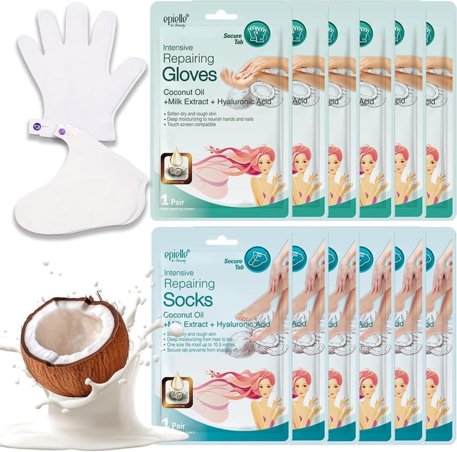 Epielle Intensive Repairing Masks for Hand and Foot - 6 Glove & 6 Socks Dry Hand, Dry & Cracked Heel to Toe Spa Masks Coconut Oil + Milk Extract,Mothers Day Gifts