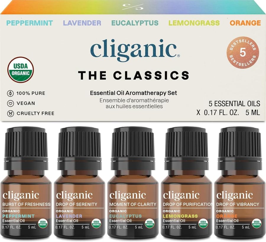 Cliganic Organic Essential Oils Set (Top 5) - 100% Pure Natural - Aromatherapy, Candle Making - Peppermint, Lavender, Eucalyptus, Lemongrass & Orange (Packaging May Vary)