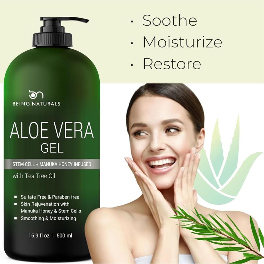 Aloe vera Gel - from 100% Pure Organic Aloe Infused with Manuka Honey, Stem Cell, Tea Tree Oil - Natural Raw Moisturizer for Face, Body, Hair. Perfect for Sunburn, Acne, Razor Bumps 16.9 fl oz