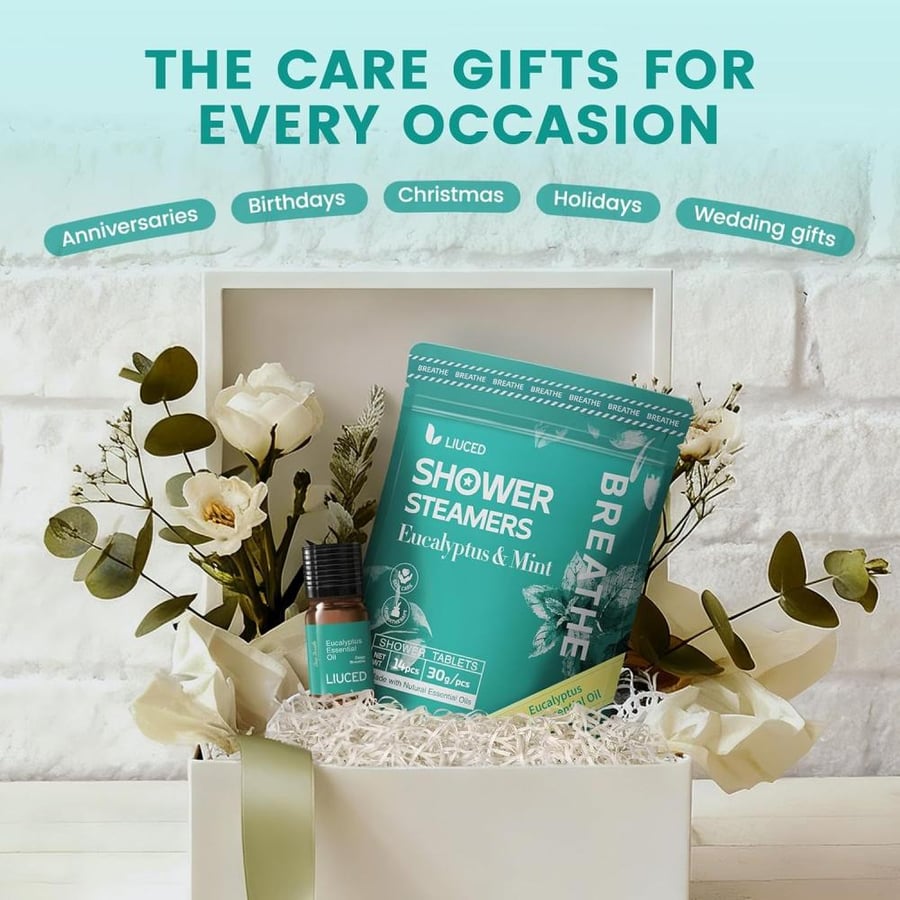 14+1 Shower Steamers - 14 Pack Eucalyptus & Mint Shower Bombs Aromatherapy and 5ml Natural Eucalyptus Essential Oils, Eucalyptus for Shower, Birthday Gifts for Women Mom
