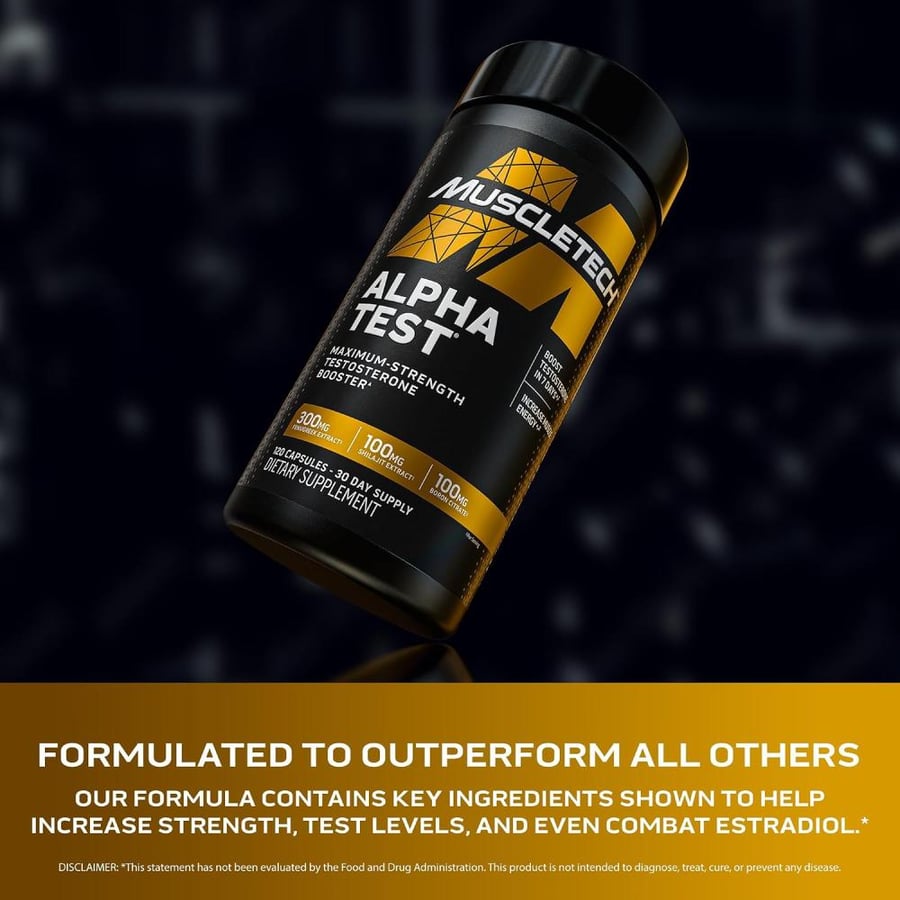 Testosterone Booster for Men | MuscleTech AlphaTest | Tribulus Terrestris & Boron Supplement | Max-Strength ATP & Test Booster | Daily Workout Supplements for Men, 120 Pills (Package May Vary)