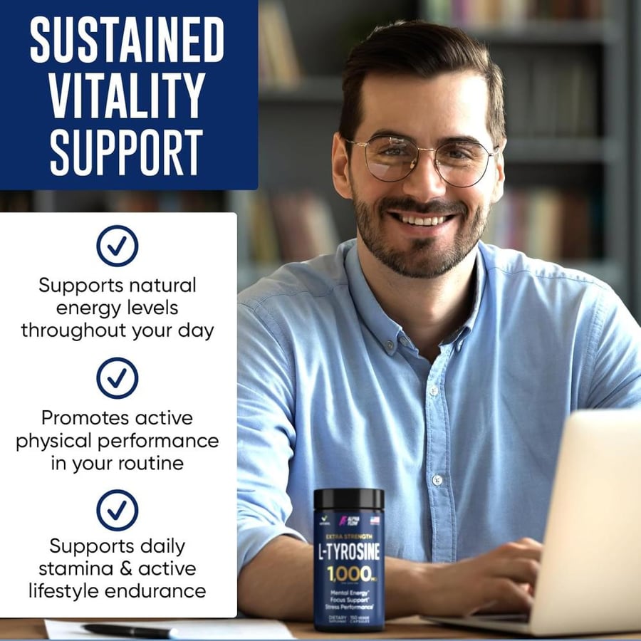 L Tyrosine 1000MG Capsules - All-Natural L- Tyrosine Supplement for Focus & Energy Boost - Non-GMO & Gluten-Free - Vegan L Tryosine 180 Caps - L-tyrosine 500mg x 2 per Serving
