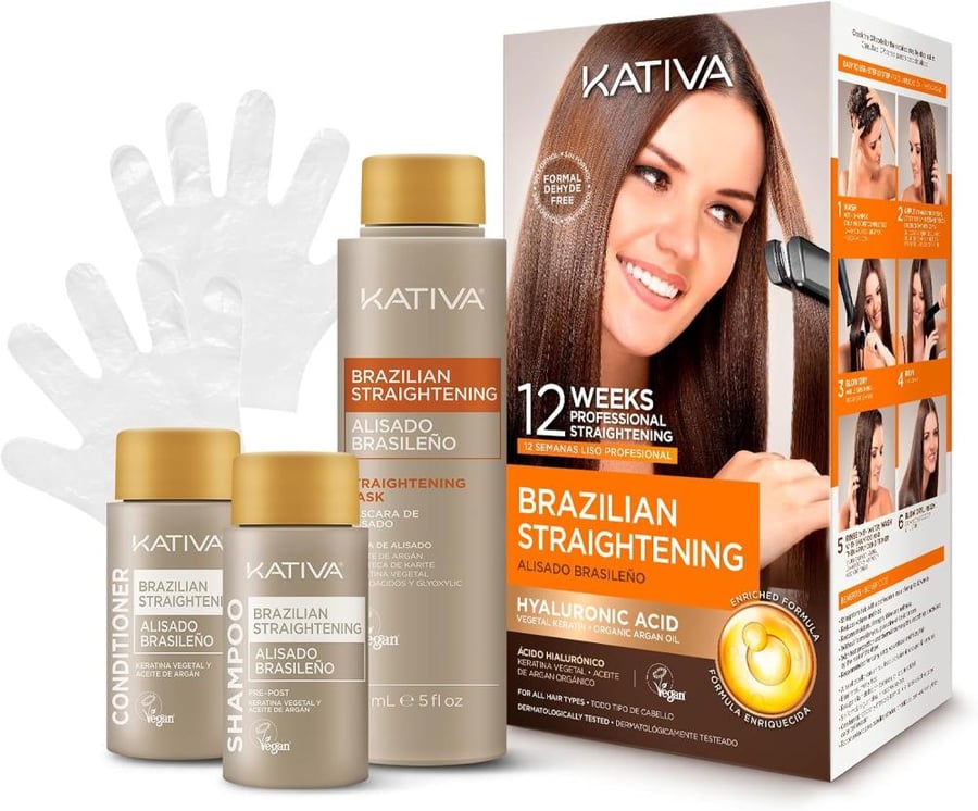 Kativa Brazilian Straightening Kit, 12 Weeks of Home Use Professional Straightening, with Organic Argan Oil, Shea Butter, Keratin & Amino Acids, for Straighter, Softer and Shinier Hair, All Hair Types