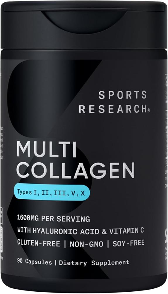 Sports Research Multi Collagen Complex Type I, II, III, V, X, with Hyaluronic Acid Plus Vitamin C 90 Capsules