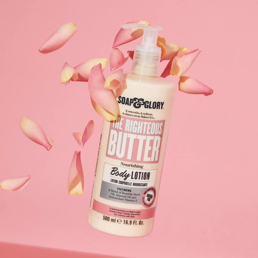 Soap & Glory Original Pink The Righteous Butter Moisturizing Body Lotion Pump - Shea Butter, Vitamin E & Aloe Vera Vegan Body Moisturizer - Rose & Bergamot Scented Lotion (500ml)
