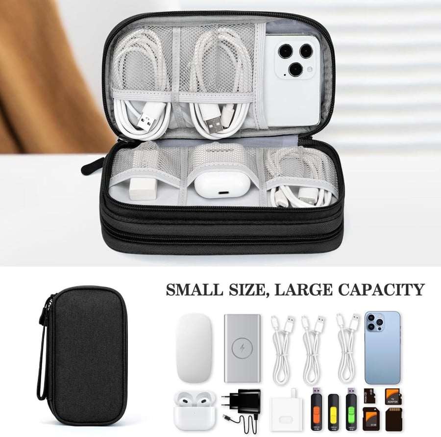 FYY Electronic Organizer, Travel Cable Organizer Bag Pouch Electronic Accessories Carry Case Portable Waterproof Double Layers All-in-One Storage Bag for Cable, Cord, Charger, Phone, Earphone Black