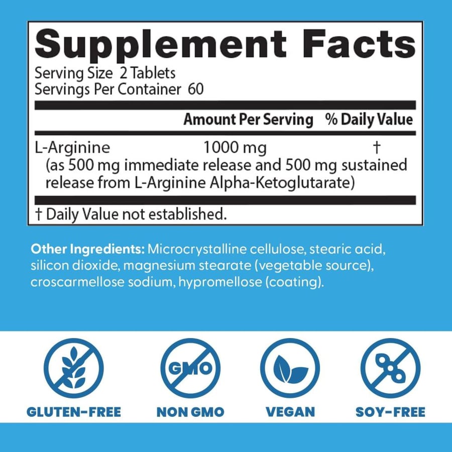 Doctor's Best Sustained Plus Immediate Release L-Arginine Tab (500 mg, 120 Bilayer Tablets)