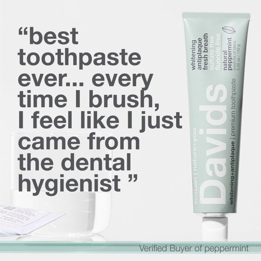 Davids Fluoride Free Whitening & Antiplaque Toothpaste, Natural Peppermint, Mouth & Gum Detox, SLS Free, EWG Verified Clean & Safe Ingredients, 5.25oz, Made in USA